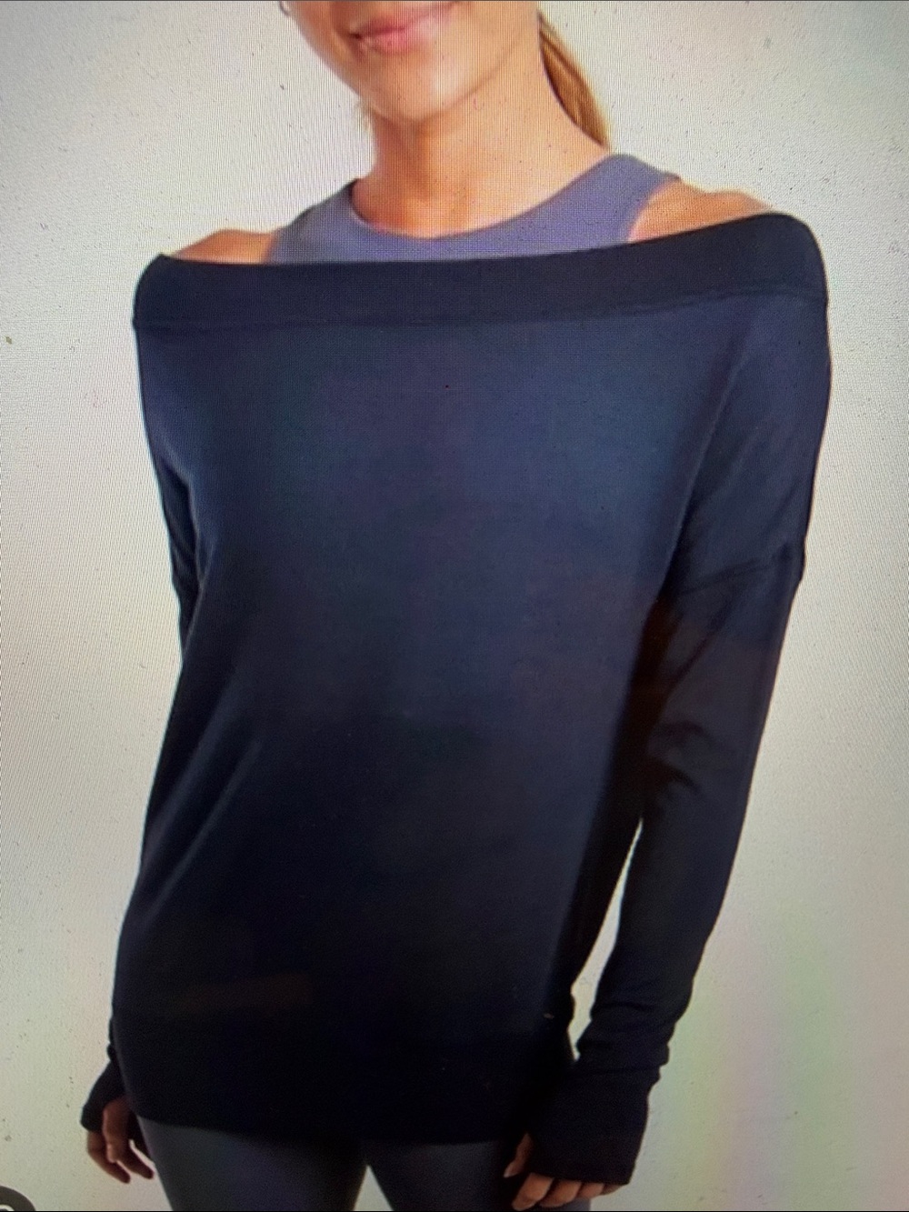 Athleta sz S Studio Barre Sweatshirt Navy - Yoga Studio - soft - off shoulder